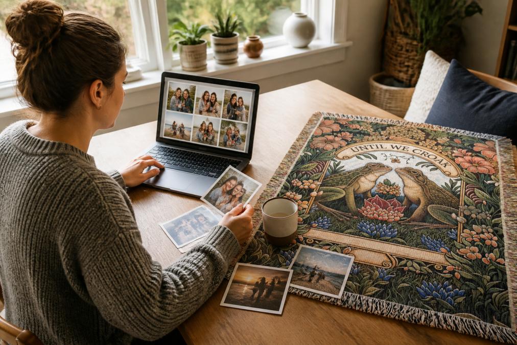 Woman at home reviewing family photos on her laptop screen, with printed photographs and a warm beverage on the desk beside her, natural window lighting illuminating the workspace