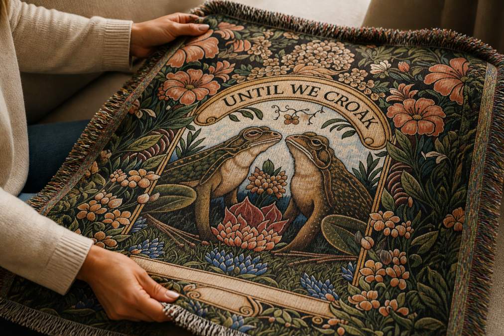 Close-up of hands carefully arranging and holding a completed custom photo blanket with family photographs visible on the fleece material, showing the texture and quality of the finished personalized keepsake in natural light
