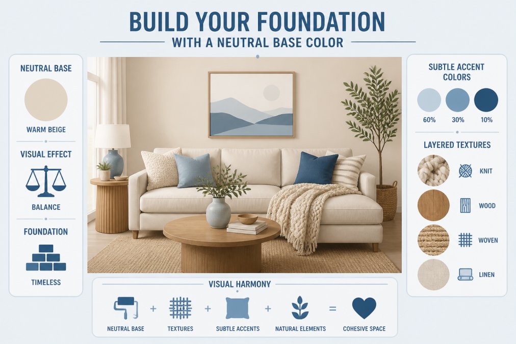 Modern living room with soft neutral walls in warm beige, layered with varied textures including a chunky knit throw, natural wood side table, and woven area rug, showing how a neutral base creates visual harmony with subtle accent colors