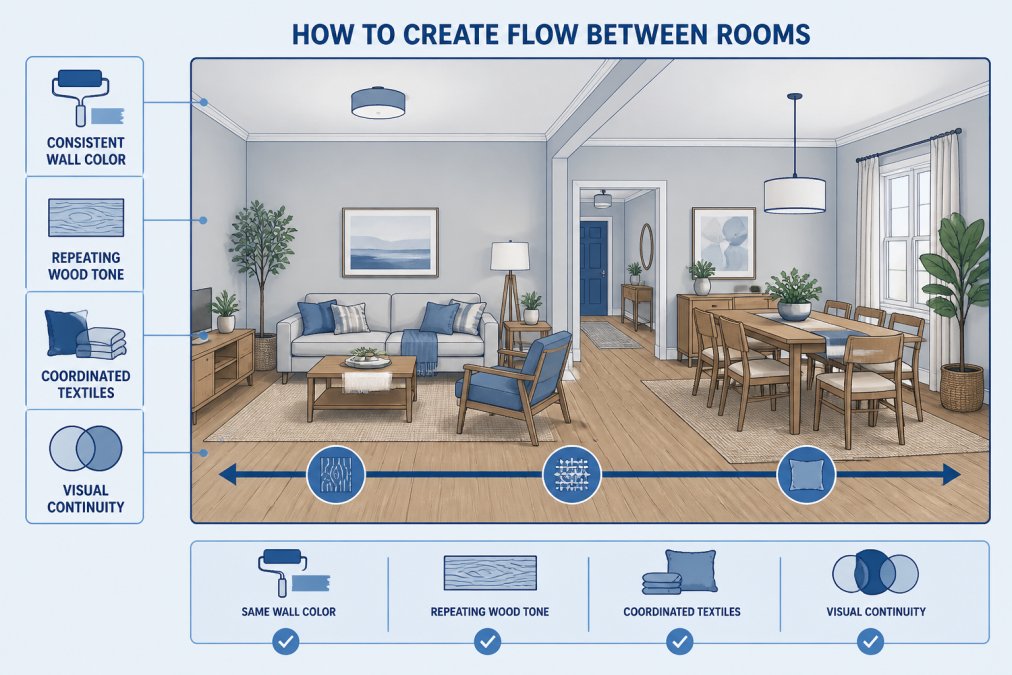 Open floor plan showing two connected rooms with consistent warm gray walls, repeating natural wood furniture, and coordinated neutral textiles, demonstrating spatial harmony and visual continuity between spaces