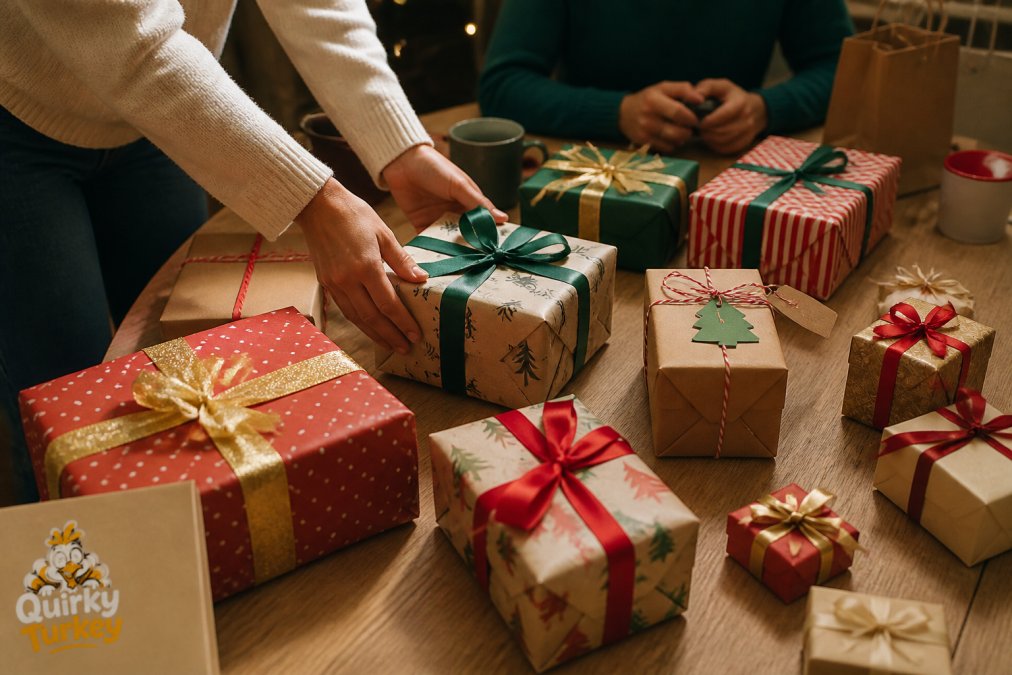 Infographic showing creative steps to wrap a secret santa gift for extra suspense
