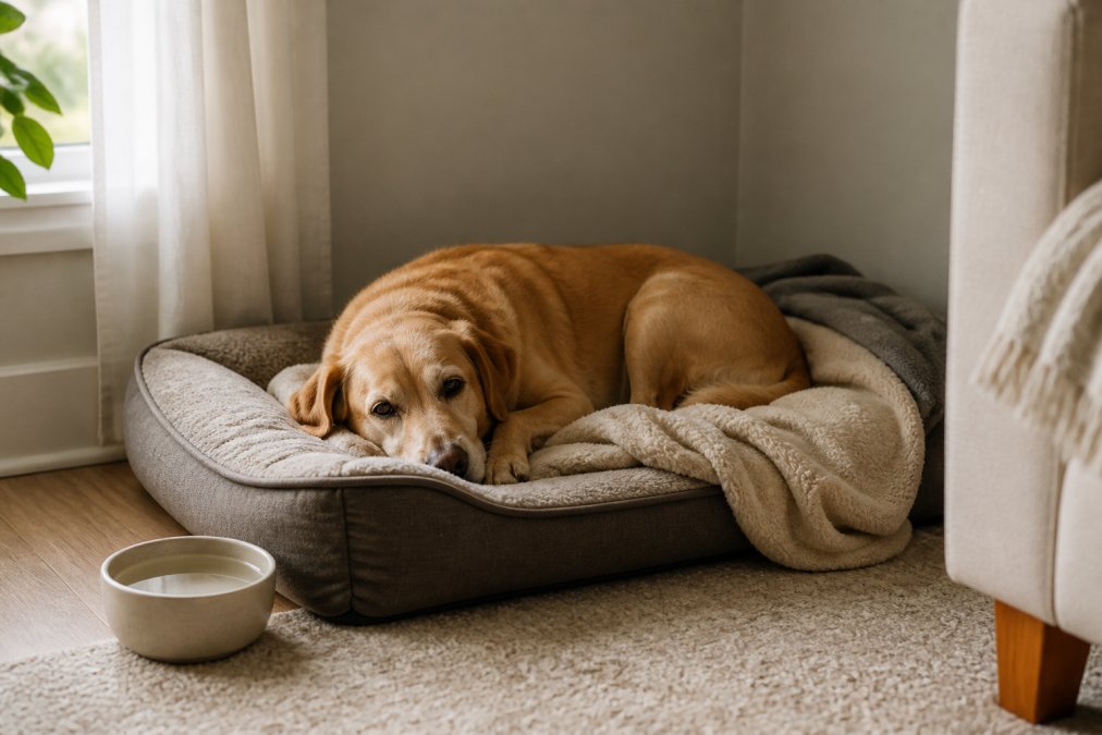 A cozy dog bed with soft blankets in a quiet corner of a living room, with a water bowl nearby and dim natural light coming through a window