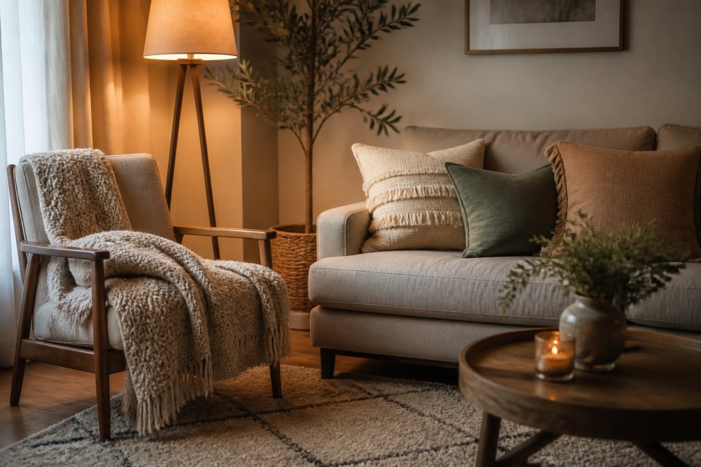 Cosy small living room corner with layered throw blankets draped over a chair, plush pillows arranged on a sofa, soft area rug anchoring the seating area, and warm ambient lighting from a floor lamp