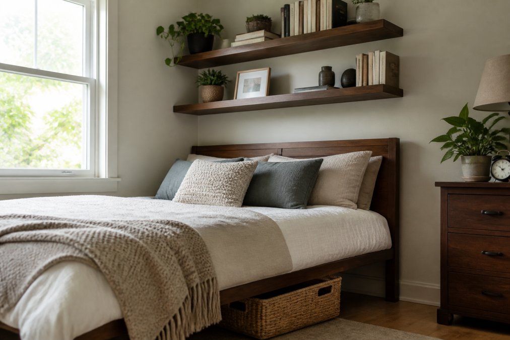 A small bedroom with wall-mounted floating shelves above a bed, holding books and small decorative items, with a woven under-bed storage bin visible below, bright natural light from a window