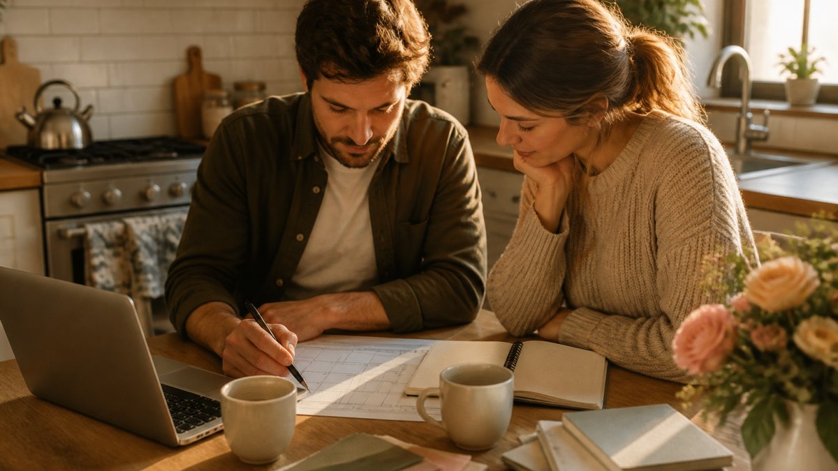 A couple sitting at a kitchen table with a laptop, calendar, and notebook, mapping out wedding plans with coffee cups nearby