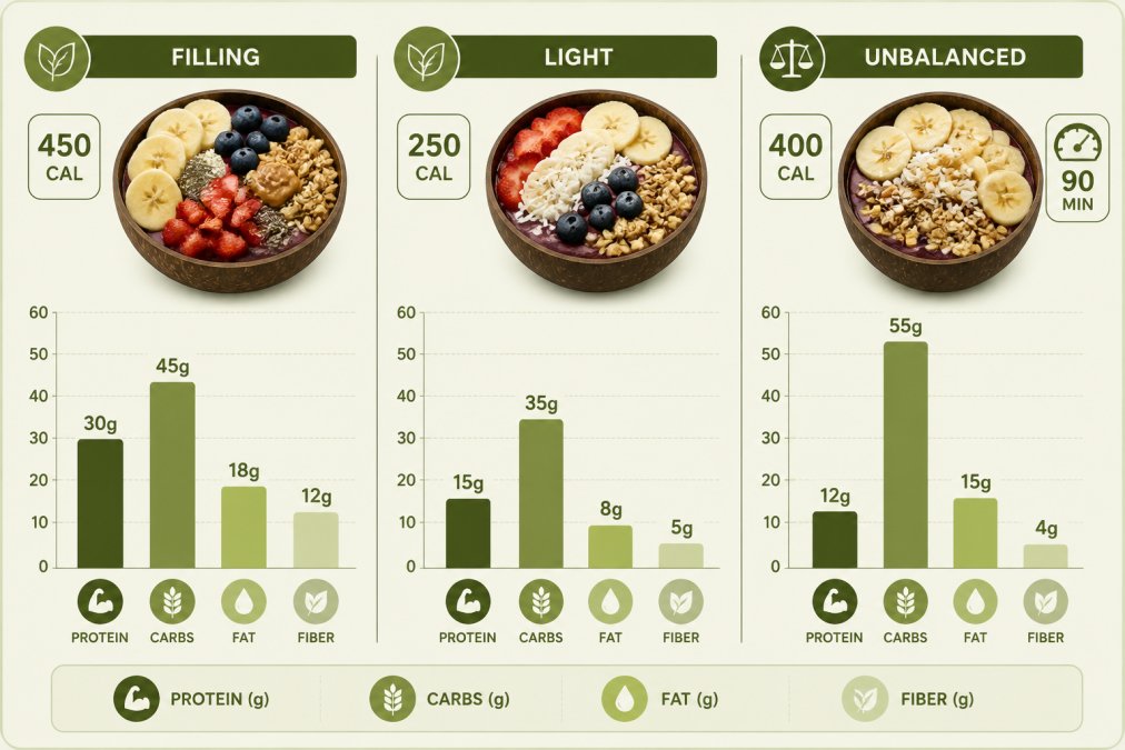 Bar chart comparing macronutrient ratios to make acai bowls more filling through balanced portions.