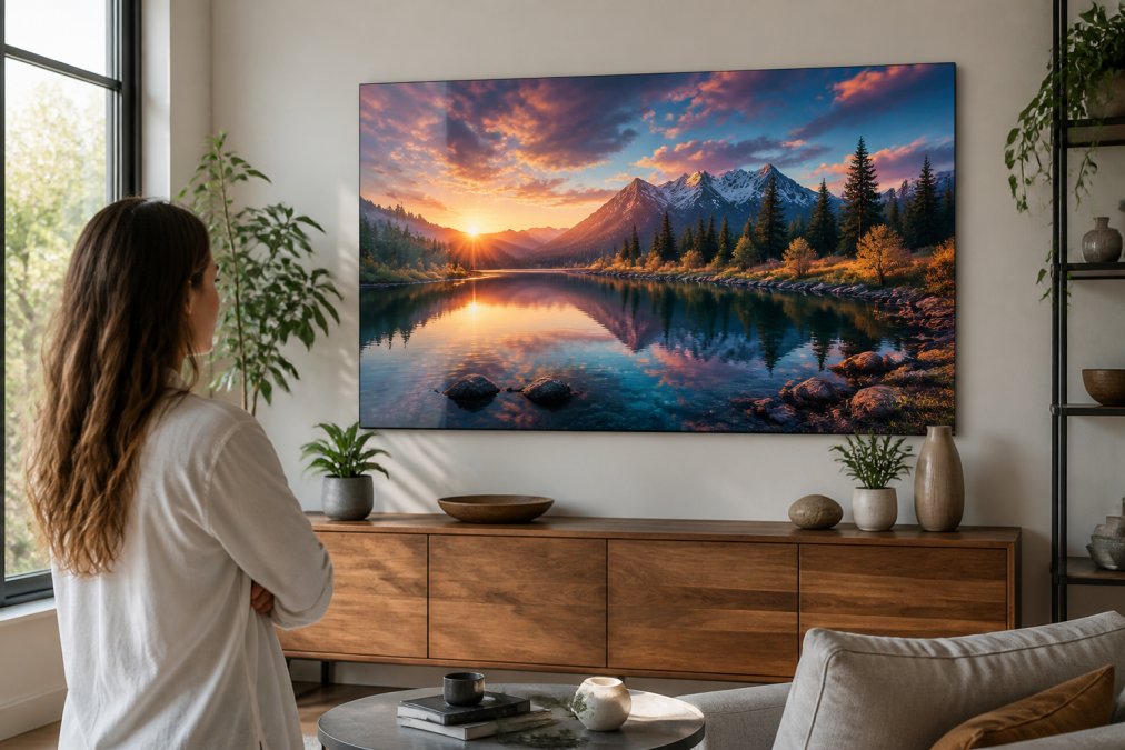 Person admiring a framed canvas of AI art from text prompts displayed on a modern living room wall