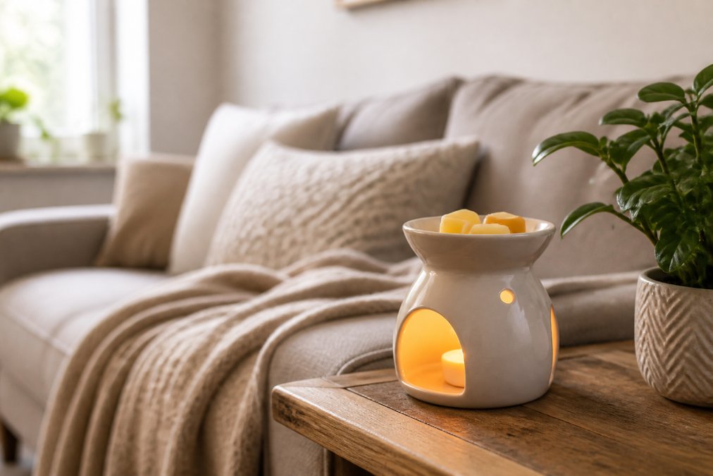 Infographic illustrating the best scents to make apartment smell better using a glowing wax melt warmer in a cozy living room