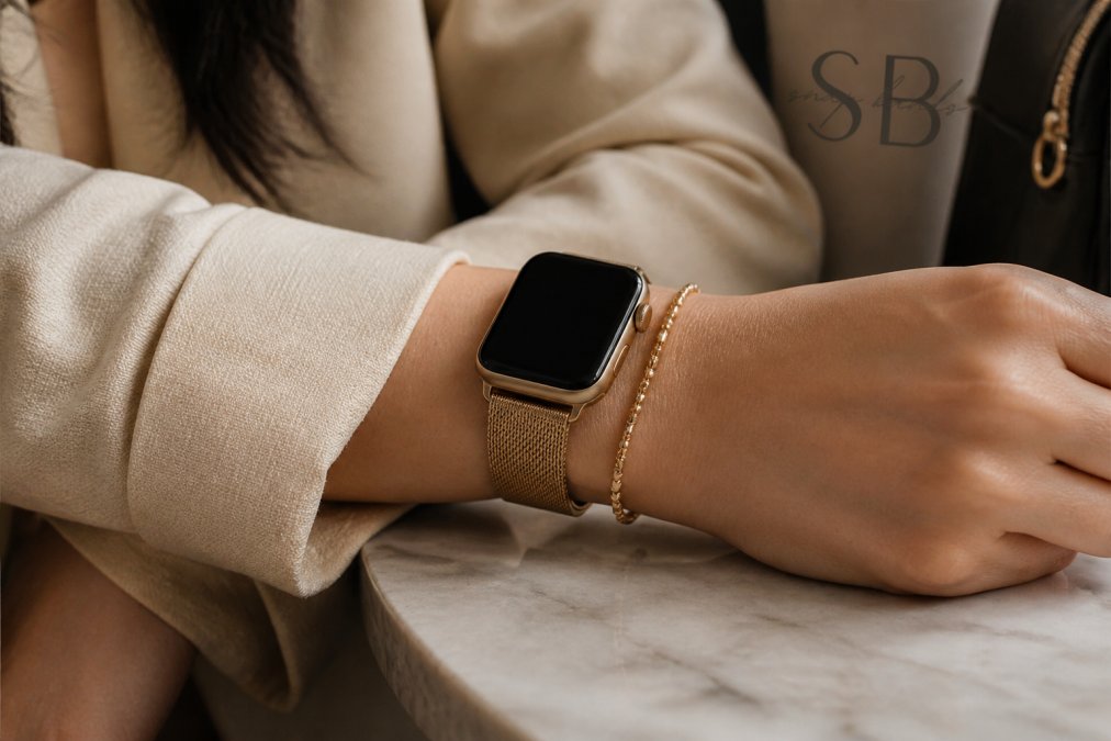 Woman wearing a gold mesh watch and delicate bracelet under a cream blazer sleeve