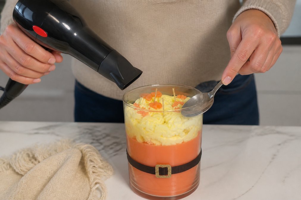 Hands holding a hair dryer on low setting, directing warm air toward the edge of a candle's wax pool at a 45-degree angle to create even melt