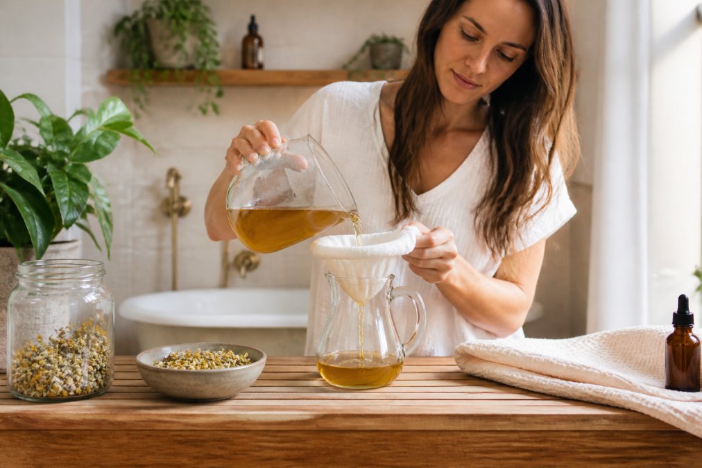 A woman in a bright bathroom pouring a golden chamomile infusion through a muslin cloth into a glass jug, with dried chamomile flowers and a bowl nearby on a wooden bench