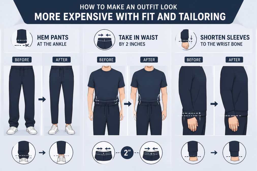 Infographic showing three tailoring fixes to make cheap clothes look expensive: hemmed pants, cinched waists, and sleeves.