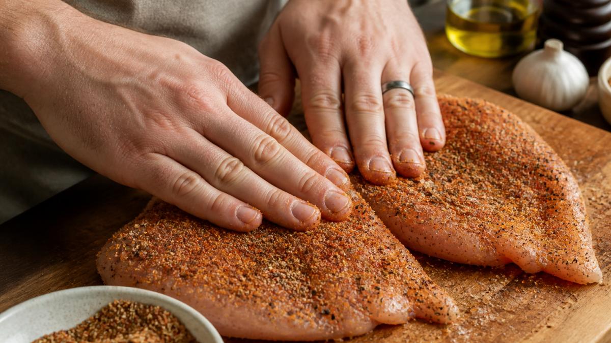 Close-up of hands pressing a generous amount of spice rub onto both sides of raw chicken breast on a wooden cutting board, showing the coating technique with natural kitchen light