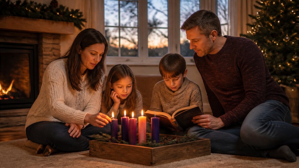 A family sitting together on a living room floor, lighting an Advent candle and reading from a storybook, warm evening light through the window