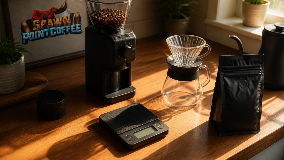 Overhead shot of a kitchen counter with a burr grinder, digital scale, pour-over dripper, and a bag of whole bean coffee, warm morning light across the countertop