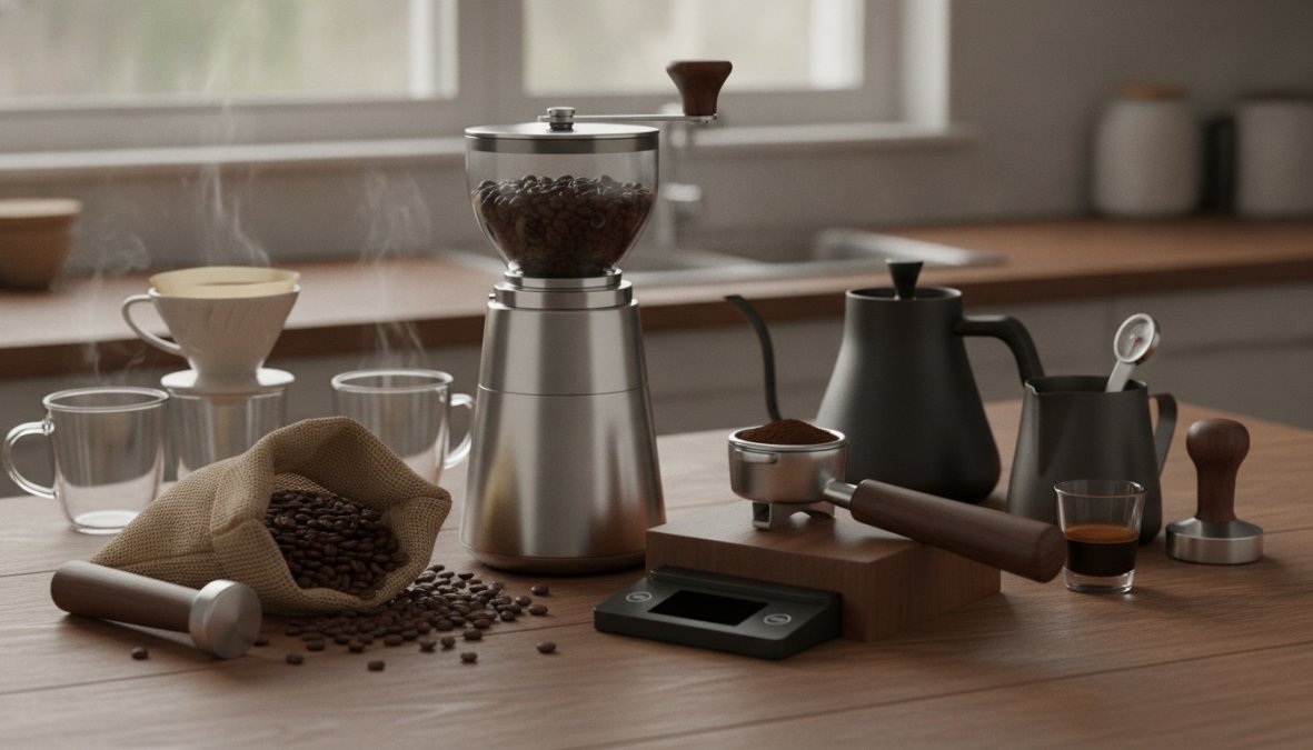 A clean, organized home coffee station showing a burr grinder, digital scale, gooseneck kettle, and pour-over dripper arranged on a natural wood counter with whole coffee beans scattered nearby, warm morning light coming through a window