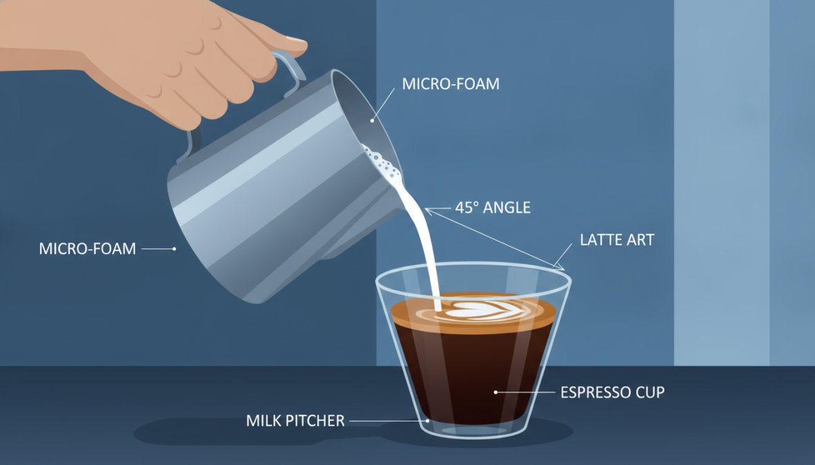 Close-up of hands tilting a small stainless steel milk pitcher at an angle while pouring steamed milk with visible micro-foam texture into a white espresso cup, creating a simple latte art pattern on a dark wooden cafe table
