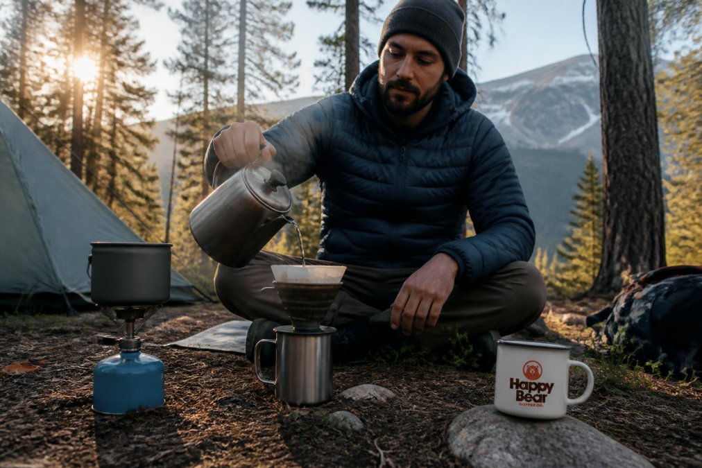Backpacker in camp pouring hot water from a metal kettle over a collapsible pour-over coffee maker positioned above a mug, morning light filtering through pine trees with mountains visible in background