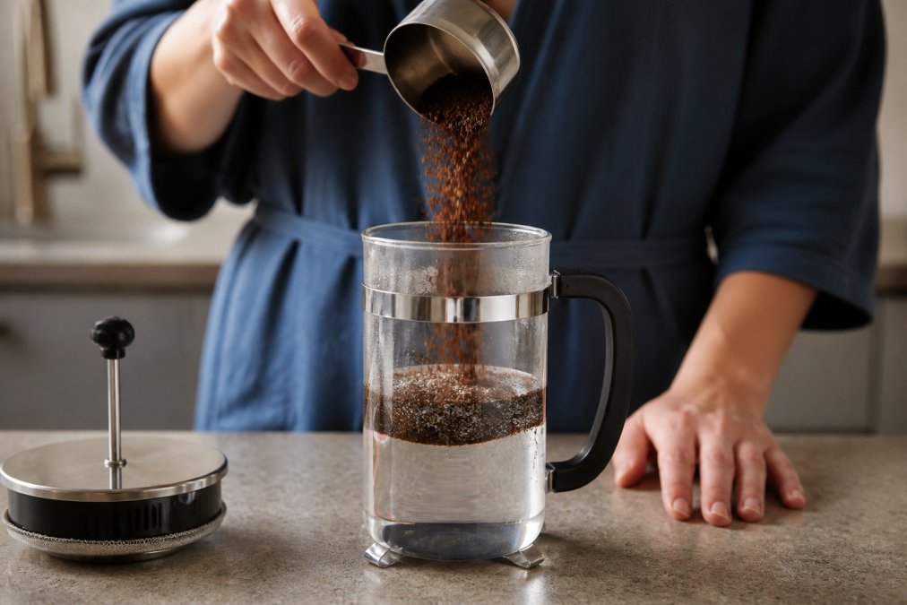 Hands pouring coarse coffee grounds into a glass French press with filtered water, showing proper saturation and ground coverage in natural kitchen lighting