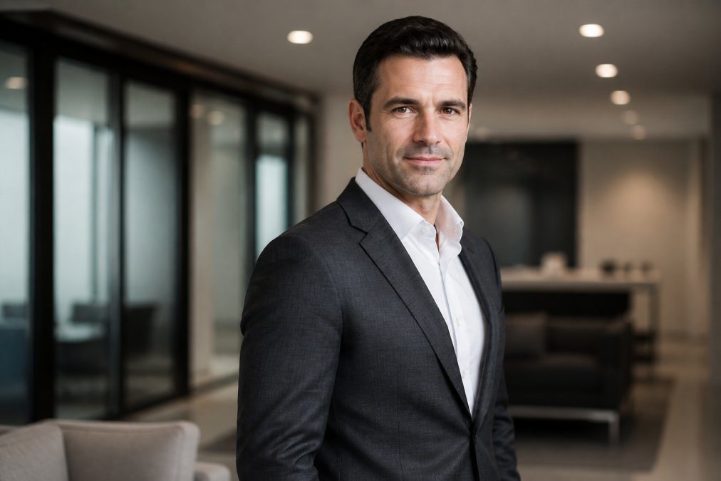 A corporate executive in a charcoal suit standing at a 35-degree angle to the camera in a clean modern office, near shoulder slightly forward, jaw angled down, natural eye contact with a confident and approachable expression, soft overhead lighting