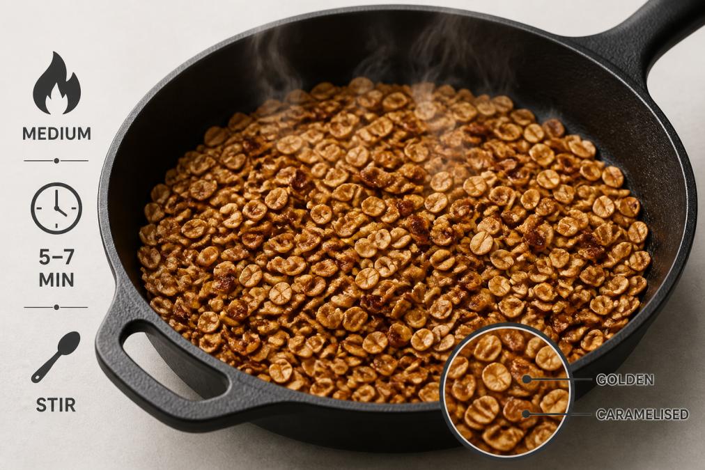 Close-up of golden toasted oats in a cast iron pan showing caramelised, nutty-coloured texture with steam rising, natural kitchen lighting