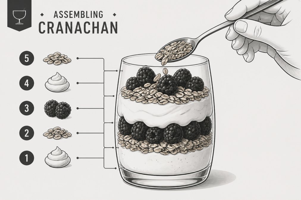 Hands layering cranachan in a dessert glass showing contrast between cream, raspberries, and golden toasted oats, with a spoon mid-action and soft natural lighting