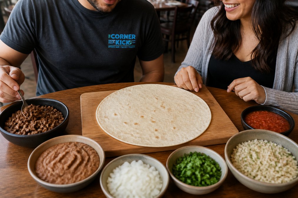 Overhead shot of a flour tortilla laid flat on a cutting board with organized bowls of browned ground beef, refried beans, diced onions, cilantro lime rice, and salsa arranged around it, ready for assembly
