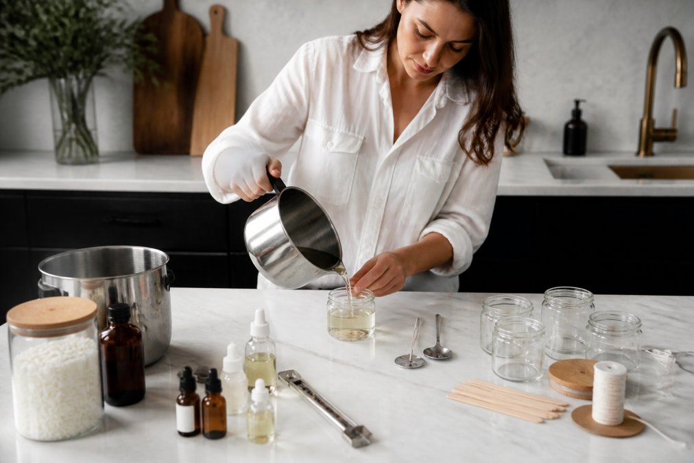A woman pouring melted wax into a glass jar surrounded by candle making supplies on a kitchen counter
