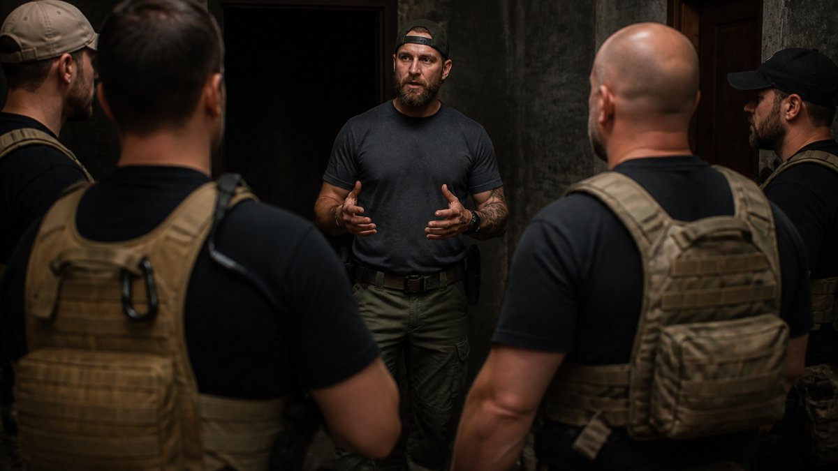 Professional demonstrating calm decision-making under pressure with team members in tactical training scenario, focused body language and clear communication