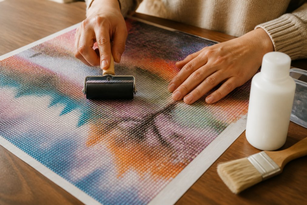 Close-up of hands using a brayer tool to smooth diamond drills on canvas, with a sealant bottle and brush nearby on a crafting table with warm natural lighting