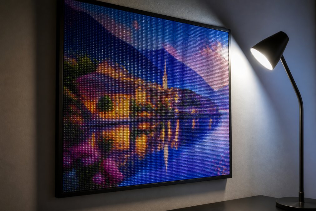 Completed diamond painting displayed on a wall with cool-toned LED lighting positioned at a 45-degree angle, showing the faceted drills sparkling and reflecting light with visible color refraction