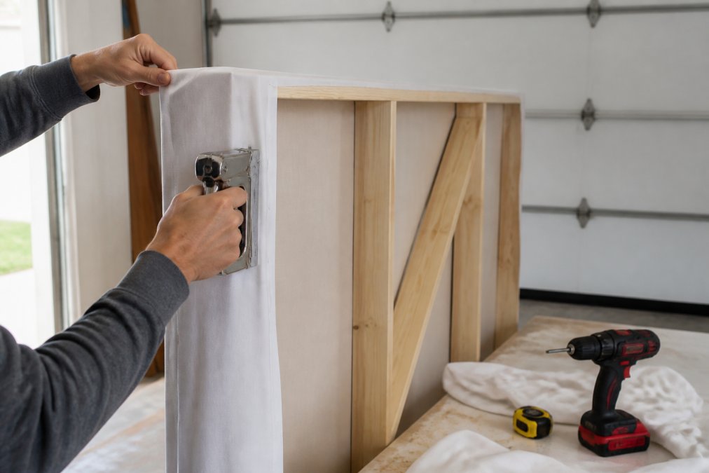 Hands attaching a white fabric panel to a wooden backdrop frame with a staple gun in a bright garage workshop, with a drill and measuring tape on the table