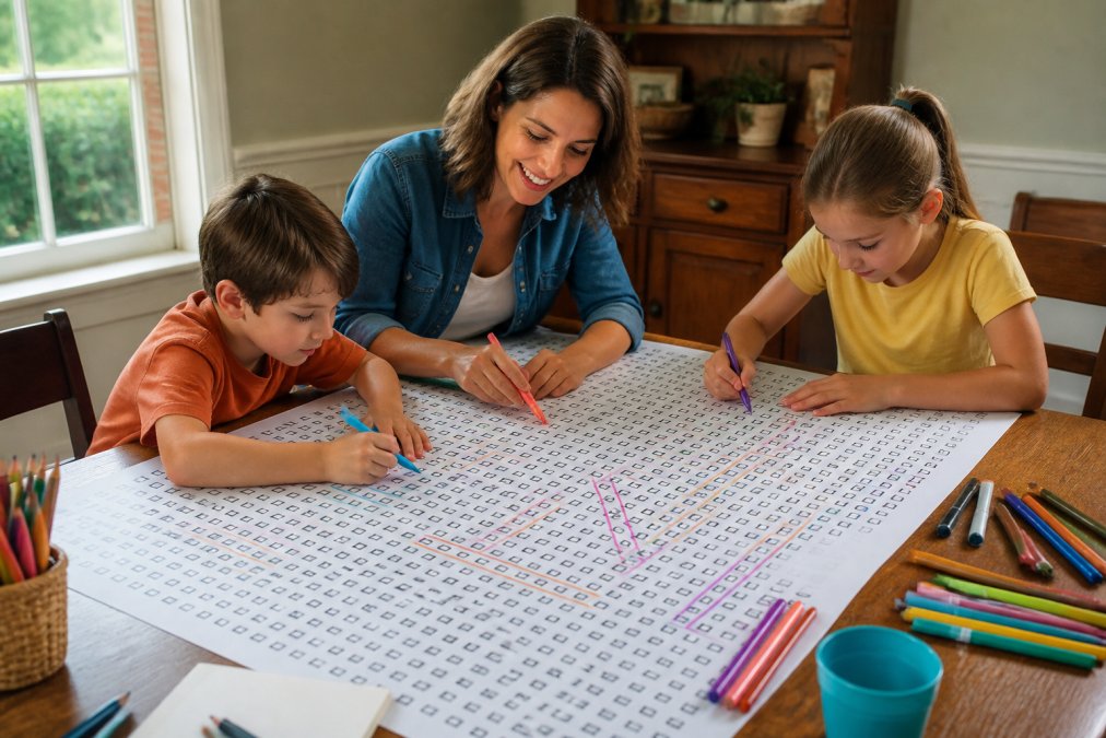 Infographic illustrating a step-by-step process for siblings of different ages to collaborate on a puzzle activity.