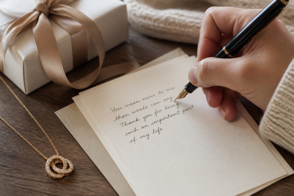 A person's hand writing a heartfelt message on cream-colored stationery with a fountain pen, a wrapped gift box with personalized ribbon visible in soft focus beside the note