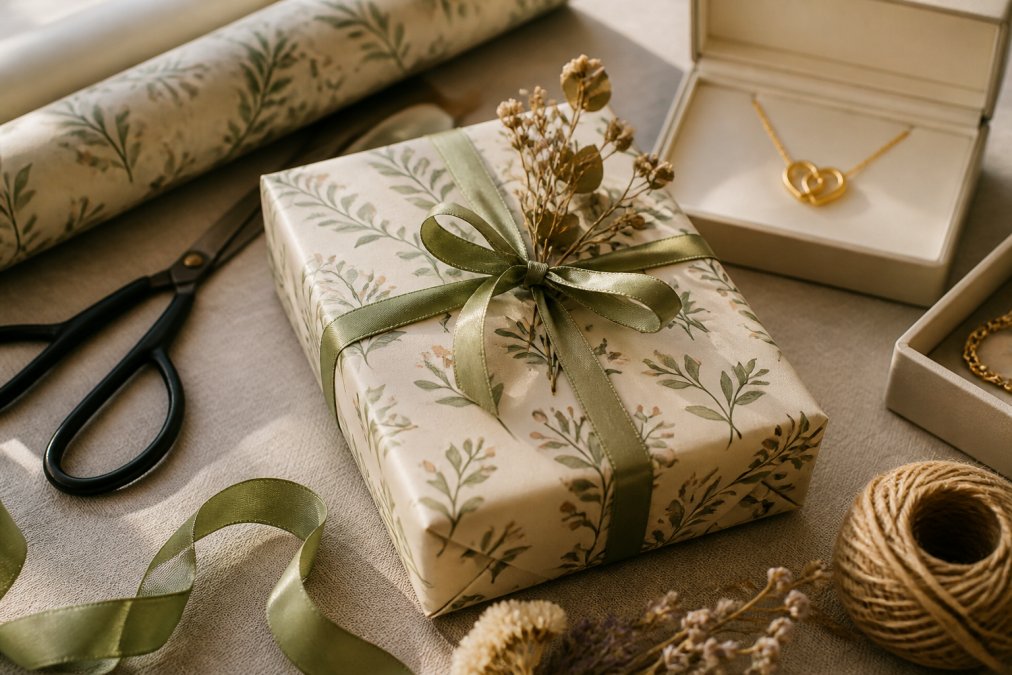 A beautifully wrapped gift with personalized touches, custom wrapping paper, and a handwritten tag on cream-colored paper, photographed on a neutral surface with warm natural lighting
