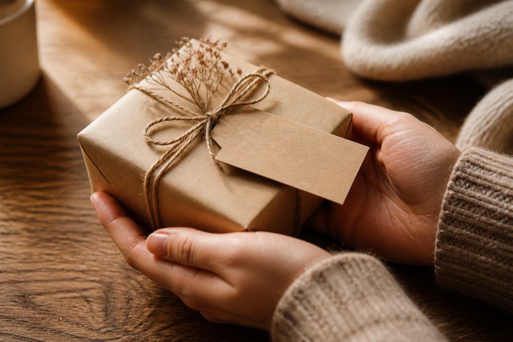 Close-up of hands holding a small hand-finished keepsake gift wrapped in brown paper, with a handwritten note resting on top, soft natural light, warm and cosy atmosphere
