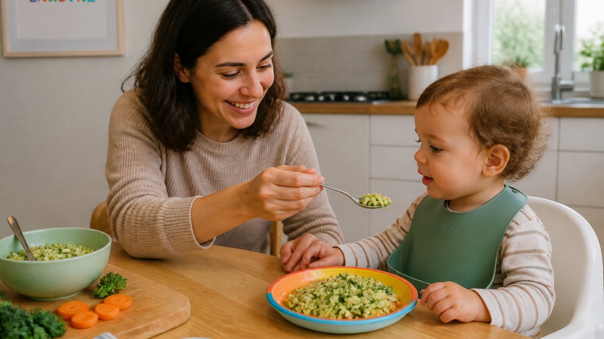 A parent and toddler at a bright kitchen table, the parent spooning a small portion of green-flecked pasta onto a colourful child's plate while the toddler watches with a curious expression