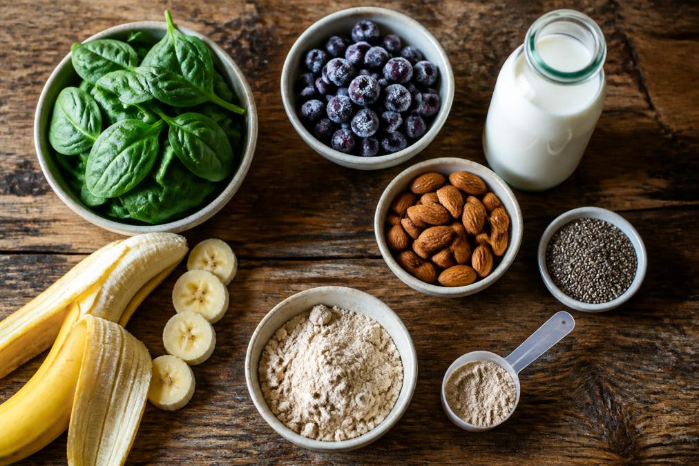 Overhead shot of fresh smoothie ingredients arranged on a wooden surface: leafy spinach, frozen blueberries, almonds, chia seeds, protein powder, and plant-based milk bottles, ready for blending