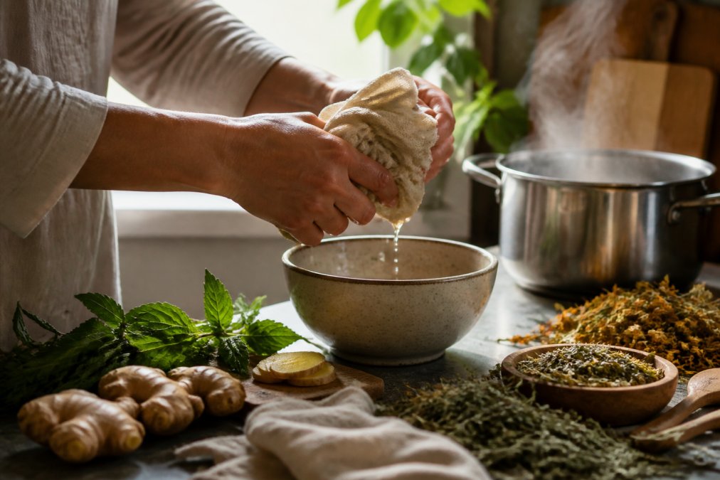 Hands wringing out a warm herb-soaked muslin cloth over a ceramic bowl on a kitchen counter, fresh ginger root and dried herbs scattered nearby, steam rising from a small pot, soft morning light through a window