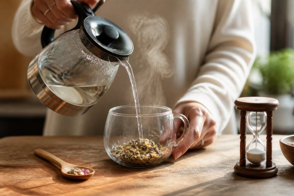 Hands pouring hot water from a kettle into a glass cup filled with dried herbs and botanicals, steam rising, with a wooden spoon and timer on a wooden table in warm afternoon light