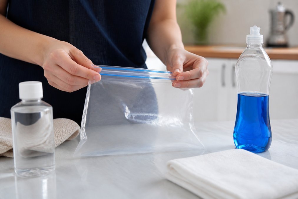 Close-up of hands assembling homemade cold pack with zipper storage bag, rubbing alcohol bottle, and dish soap on clean kitchen counter with natural lighting
