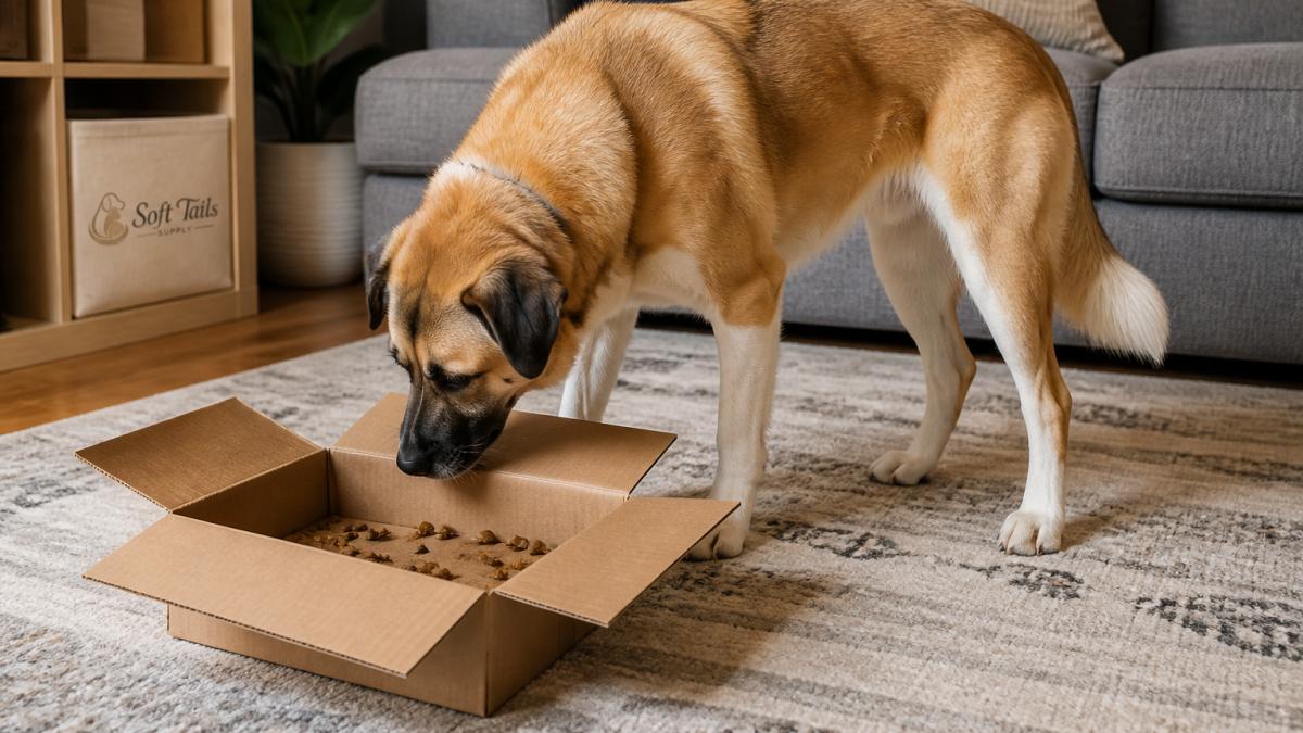 A medium-sized dog nosing at an open cardboard box with kibble scattered inside, sitting on a living room rug in soft afternoon light