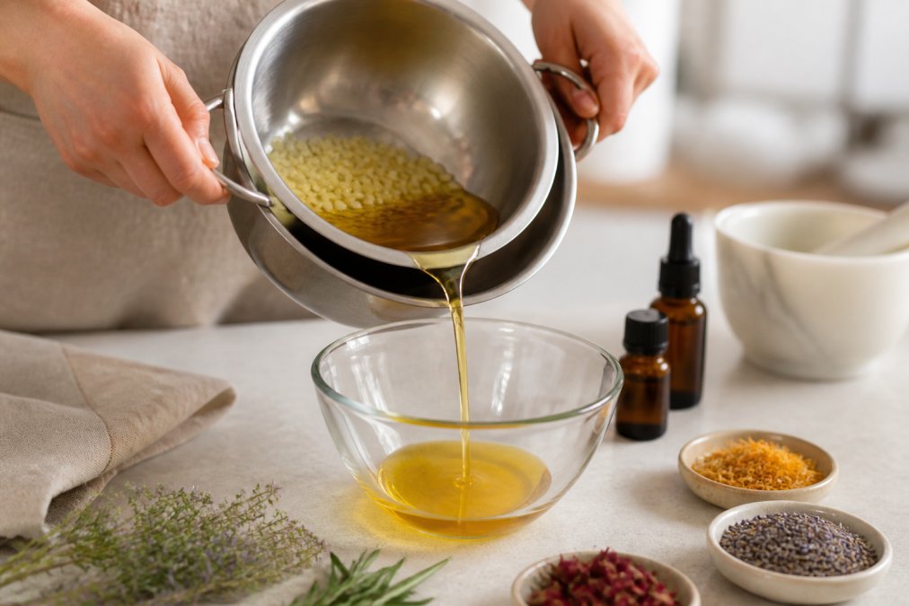 Close-up of hands pouring melted beeswax and carrier oils from a double boiler into a glass mixing bowl, with essential oil bottles and dried herbs visible nearby on a clean kitchen counter