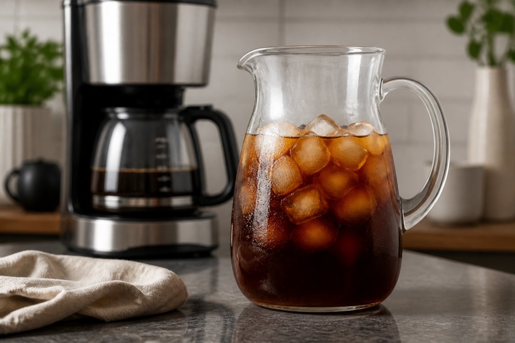 A glass pitcher filled with freshly brewed iced coffee and ice cubes on a kitchen counter, with a coffee maker in the soft-focus background