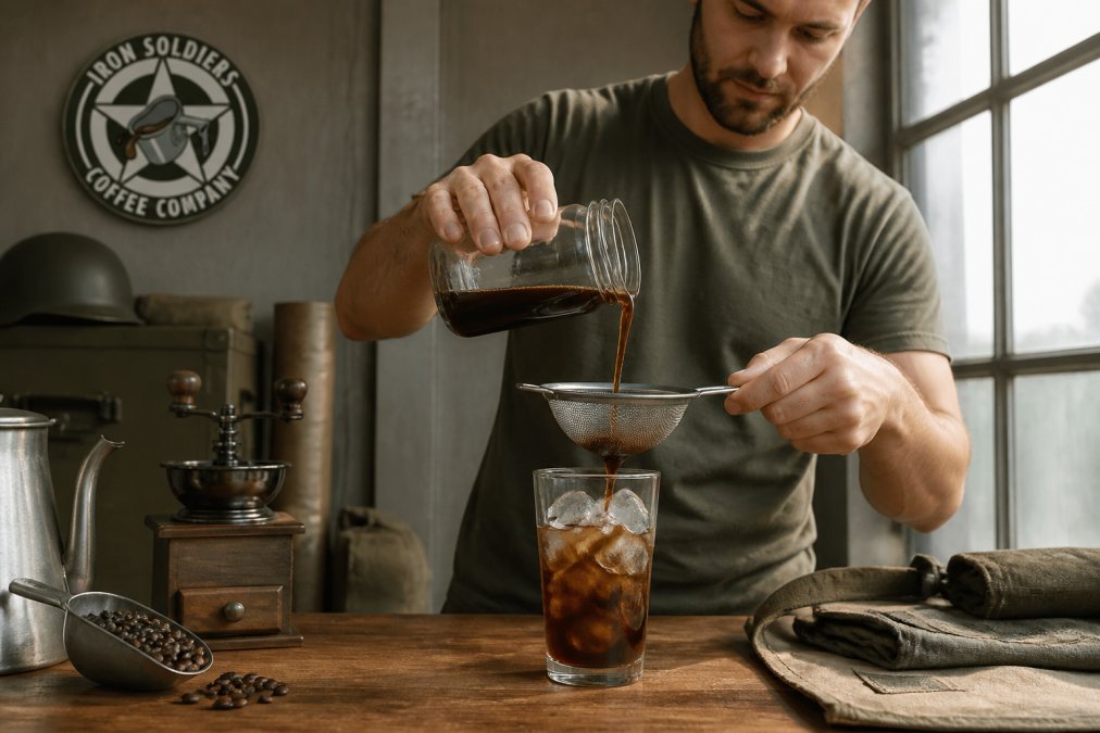 Man pouring coffee from a glass jar through a mesh strainer into a glass filled with ice on a wooden counter