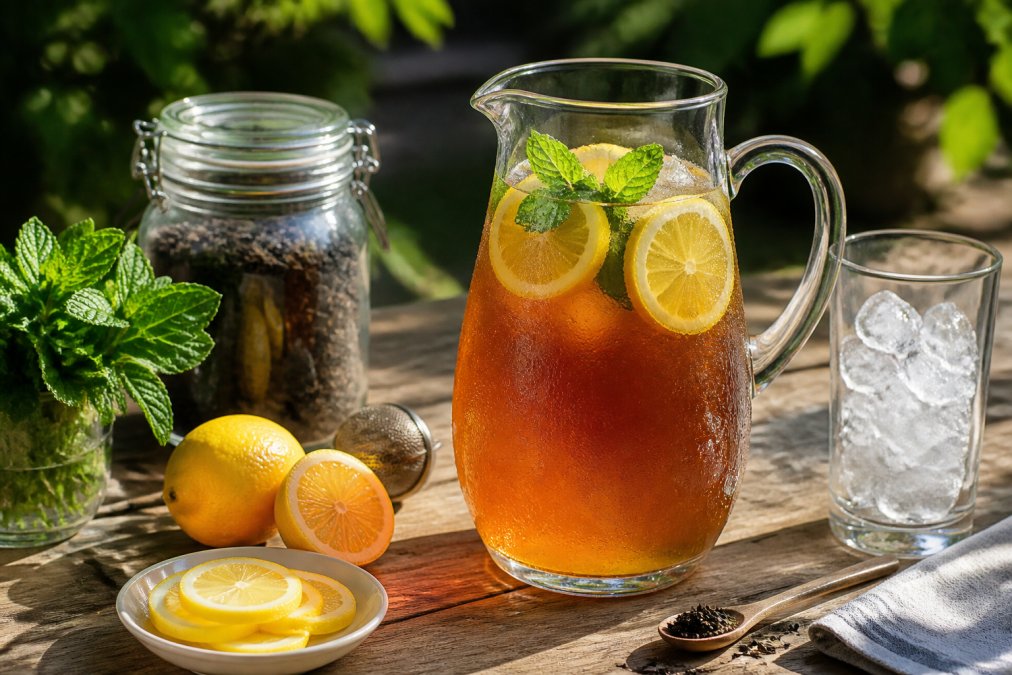 A glass pitcher filled with amber iced tea, condensation beading on the outside, fresh lemon slices and mint sprigs floating on top, sitting on a wooden table in bright summer sunlight with a tall glass of ice nearby