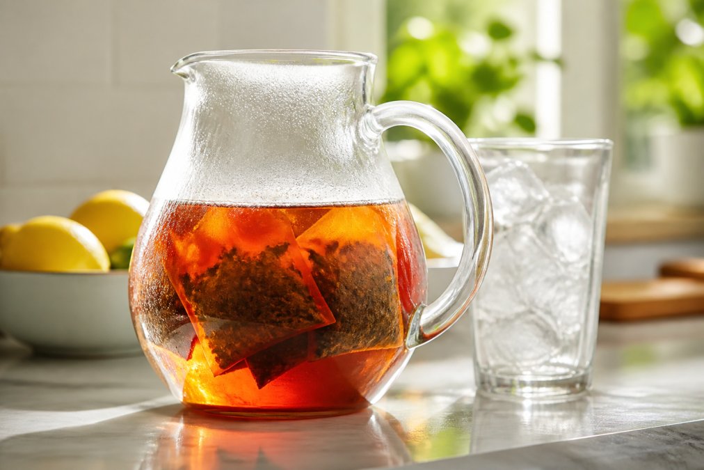 A clear glass pitcher of cold brew tea steeping in a sunny kitchen, loose leaf tea bags visible through the amber liquid, condensation on the glass, soft morning light across the counter