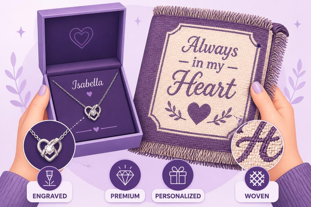 Hands holding an open personalized keepsake box or custom woven blanket with meaningful text, showing the detail and quality of engraving or weaving