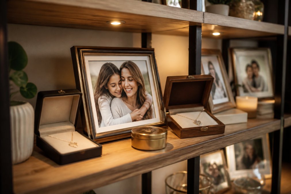 Close-up of a beautifully arranged keepsake display shelf with framed photos, engraved items, and heirloom pieces thoughtfully positioned with warm lighting