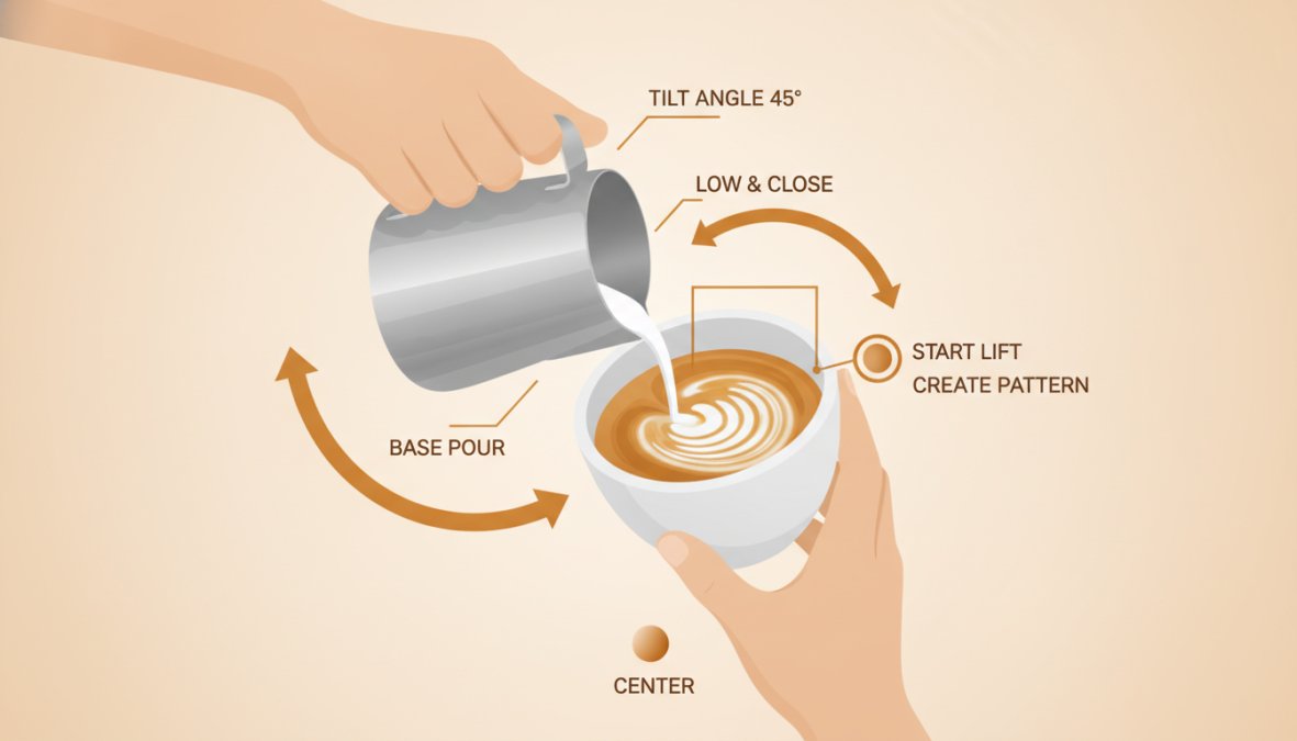 Close-up of hands pouring steamed milk into espresso cup, showing proper pitcher angle and spout control during mid-pour with visible microfoam stream